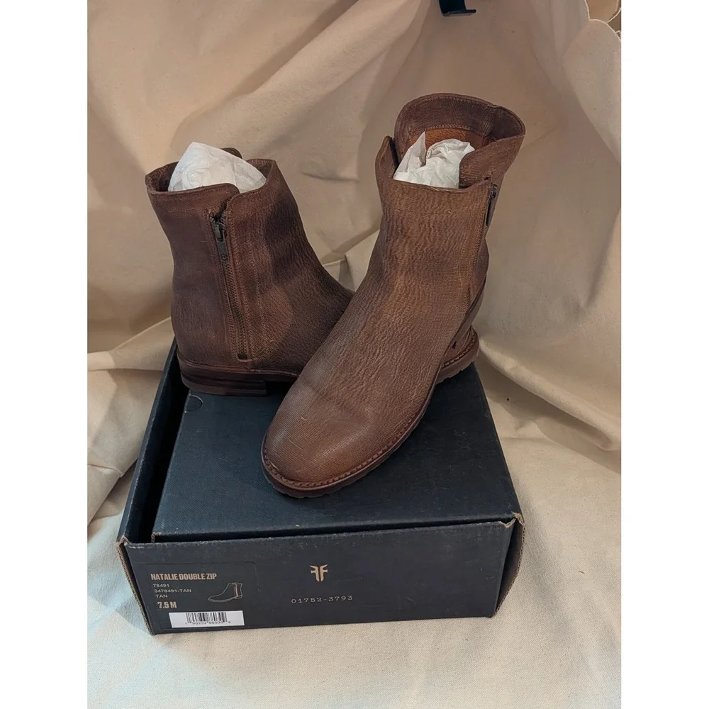 Frye Natalie Double Zip Tan Leather Ankle Boots 78491 7.5M